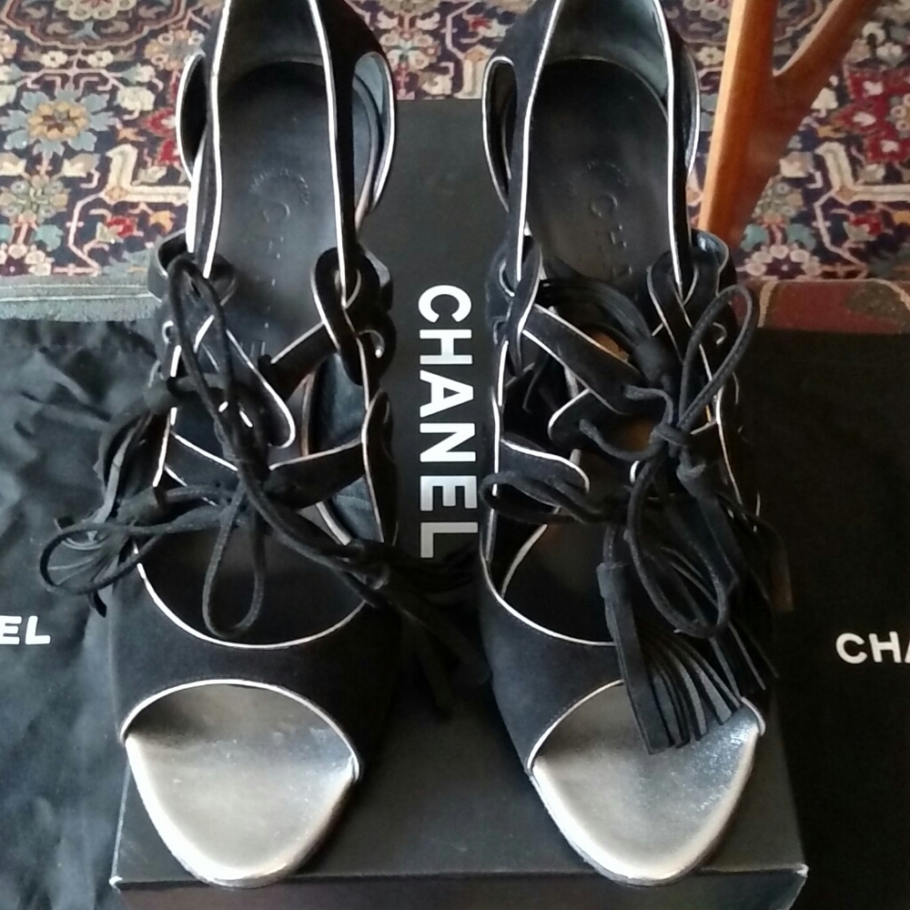 NIB CHANEL Black Suede Tassel Lace Heels